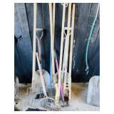 Group lot of yard tools including shovels, pitch