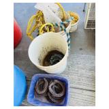 Group lot of items including horse shoes, ropes,