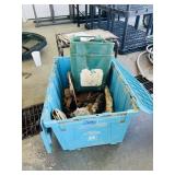 Tote of Brushes, rope, (5) feeders & other items