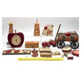 Group of Wooden Apple Décor, including a clock