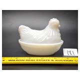 Hazel Atlas Milkglass hen on nest, 4 1/2 in L;