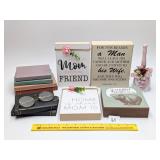 (4) Small Wooden Sign Décor, Ceramic Bell, a set