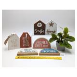 Group of Shelf Sign Décor & a small faux plant