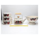 Apple Tea Kettle, colander & metal storage