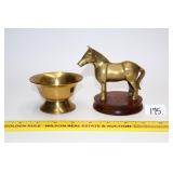 Small Brass Horse Figurine & a Brass Footed Bowl