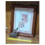 Small Framed Deer Print & Ceramic Deer Figurine;