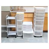 Group of plastic drawer units & a metal shelf