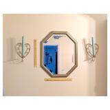Framed Beveled Mirror & (2) Homco Candle Sconces