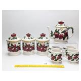 Ceramic Apple Tea Pot w/ (4) cups & (3) Canisters