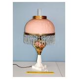 Glass Table Lamp w/ Pink Glass Shade w/ prisms &