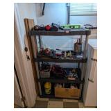 Group of tools, untested & a plastic shelving