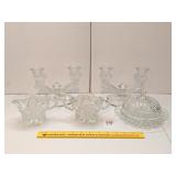 Group of Clear Pressed Glass Dishes & Candle