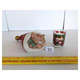 Ceramic Cat in Santa hat music box & cat votive