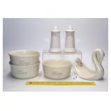 (3) Pfaltzgraff "Tea Rose" "Kitty" bowls; salt &