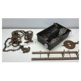 Vintage Pulleys & Metal Pieces in Caddy