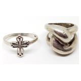 2 Silver Rings; One with Cross; 22.3 Grams; Size 5