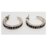 Silver Plated Hoop Earrings With Purple Stone