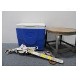 Come-Along, Metal Stool, Coleman Cooler