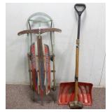 Sled 47" x 14", Shovel 52", and 2 Sledge Hammers