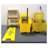 (2) Yellow Mop Buckets, Wet Floor Sign, and More