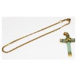 10k Gold Cross Necklace/Green Gem; 4.26 Grams