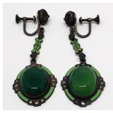 Antique Silver Earrings/Green Stone; 8.8 Grams