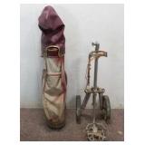 Golf Bag w/ Variety of Clubs & Vintage Caddy