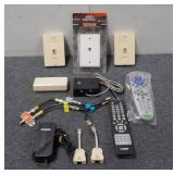 Assorted Cables, Cords, Remotes & Phone Wall Jacks