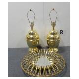 (2) Gold Colored Touch Lamps & Round Mirror
