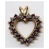 10K Gold Heart Pendant-Red/Clear Gems; 2.4g