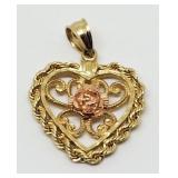 14K Gold Heart Pendant/Center Flower; 1.33 Grams