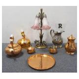 6 Pc Copper Set, Table Lamp, and Silver Pitcher
