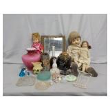 (3) Dolls, (1) Fenton Vase, Mirror, & More