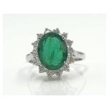 Natural Emerald & Diamond Ring; Size 6.5