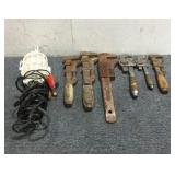 (6) Vintage Pipe Wrenches and Shop Light