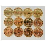 (12) Gold Colored Buffalo Nickles