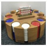Wooden Poker Chip Caddy W/Chips & Cards