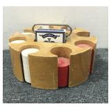 Wooden Poker Chip Caddy W/Chips & Cards