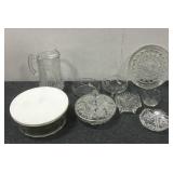 Cut Glass Pitcher, Candy Dishes, Platers