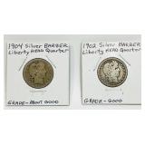 1902, 1904 Silver Barber "Liberty Head" Quarters