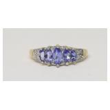 Purple Gems w/(3) Diamonds in 10k Gold Ring, S:6.7