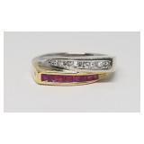 (8) Diamonds w/Red Gems Set in 14k Gold Ring, S: 7