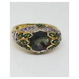 Silver Size 9 Ring W/ Greent Synthetic Stones