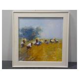 Framed Oil Painting of People Working in a Field