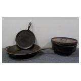 (2) Cast Iron Pans (1) Cast Iron Dutch Oven