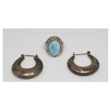 Pair of Silver Earrings, with 1 Ring Size: 8