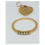14K Gold Heart Locket Pendant, Ring W/6 Diamonds
