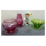 Green Glass Blown Bowl, Cranberry Glass Vase