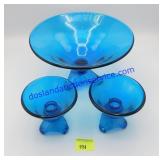 Beautiful Blue Glass Bowl & Matching Candlesticks