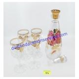 Glass Floral Decanter & (4) Glasses